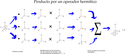 Actuación de un operador hermítico sobre un vector cualquiera en el espacio euclídeo tridimensional. Este operador tiene los autovalores (2, 1, -1)